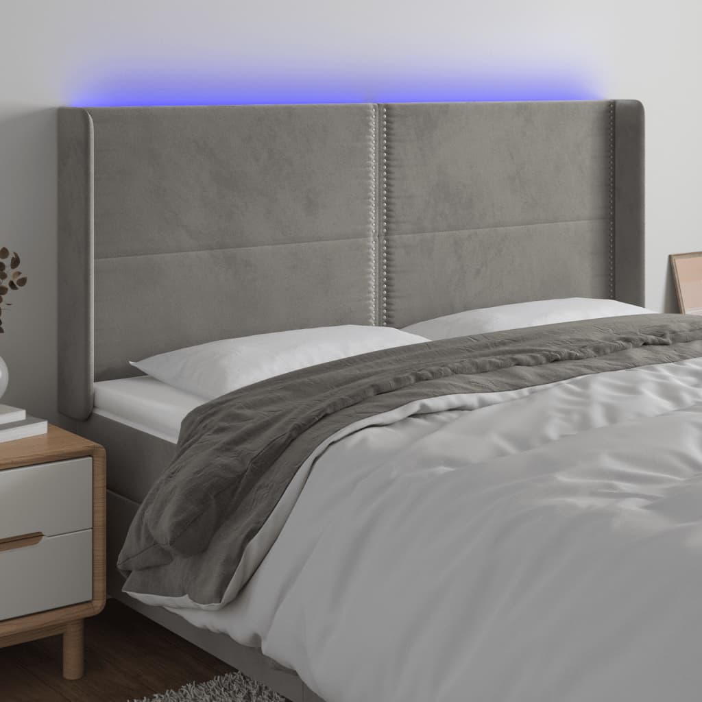 gultas galvgalis ar LED, 163x16x118/128 cm, gaiši pelēks samts | Stepinfit.lv