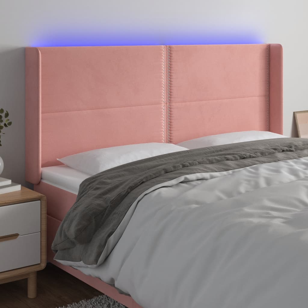 Čelo postele s LED růžové 163 x 16 x 118/128 cm samet