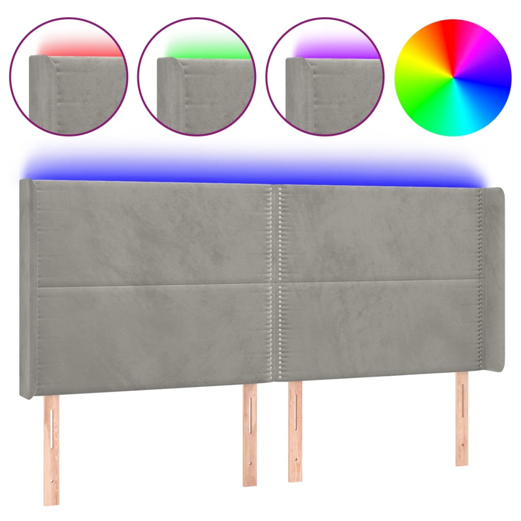 vidaXL Čelo postele s LED světle šedé 183 x 16 x 118/128 cm samet