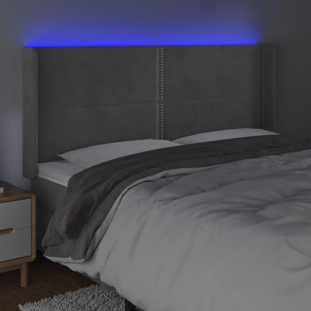 gultas galvgalis ar LED, 183x16x118/128 cm, gaiši pelēks samts | Stepinfit.lv
