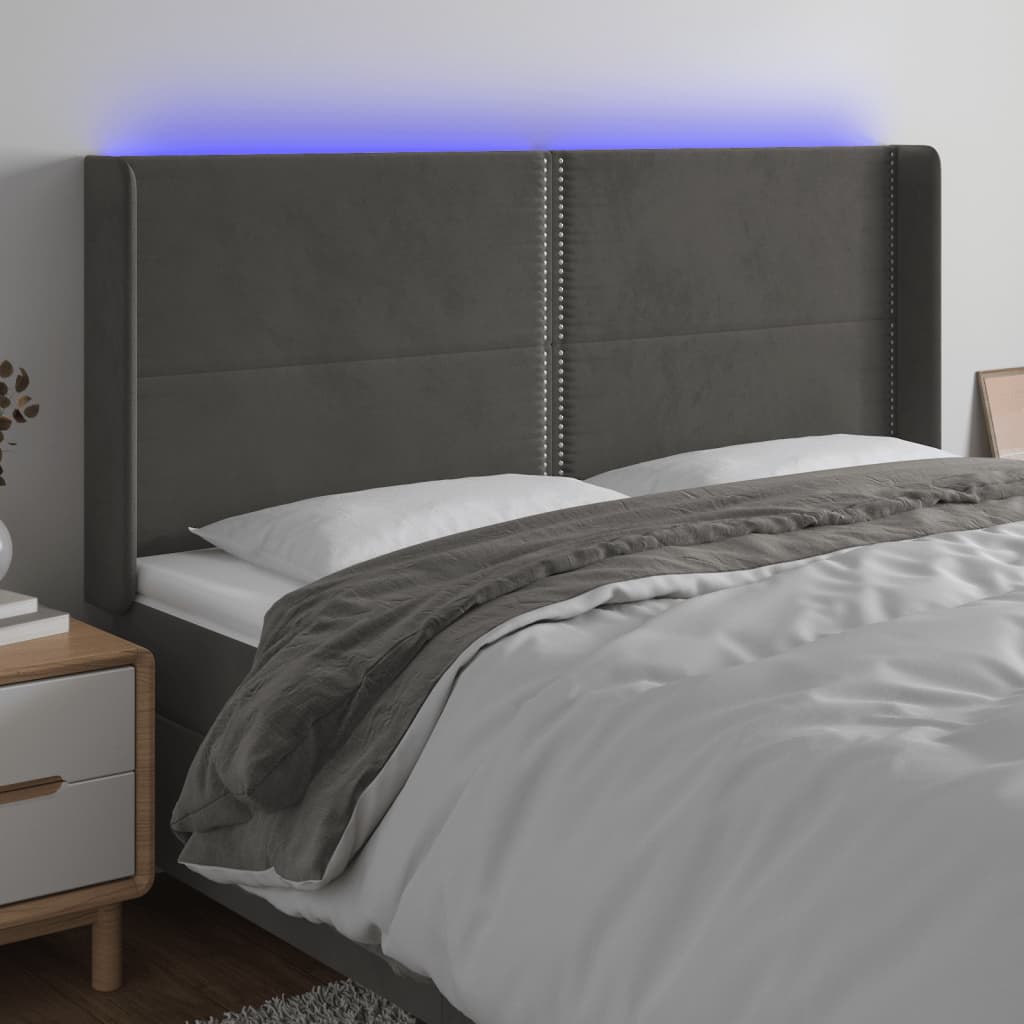 vidaXL Čelo postele s LED tmavě šedé 183 x 16 x 118/128 cm samet