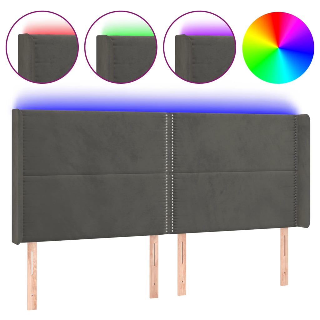 vidaXL Čelo postele s LED tmavě šedé 203 x 16 x 118/128 cm samet