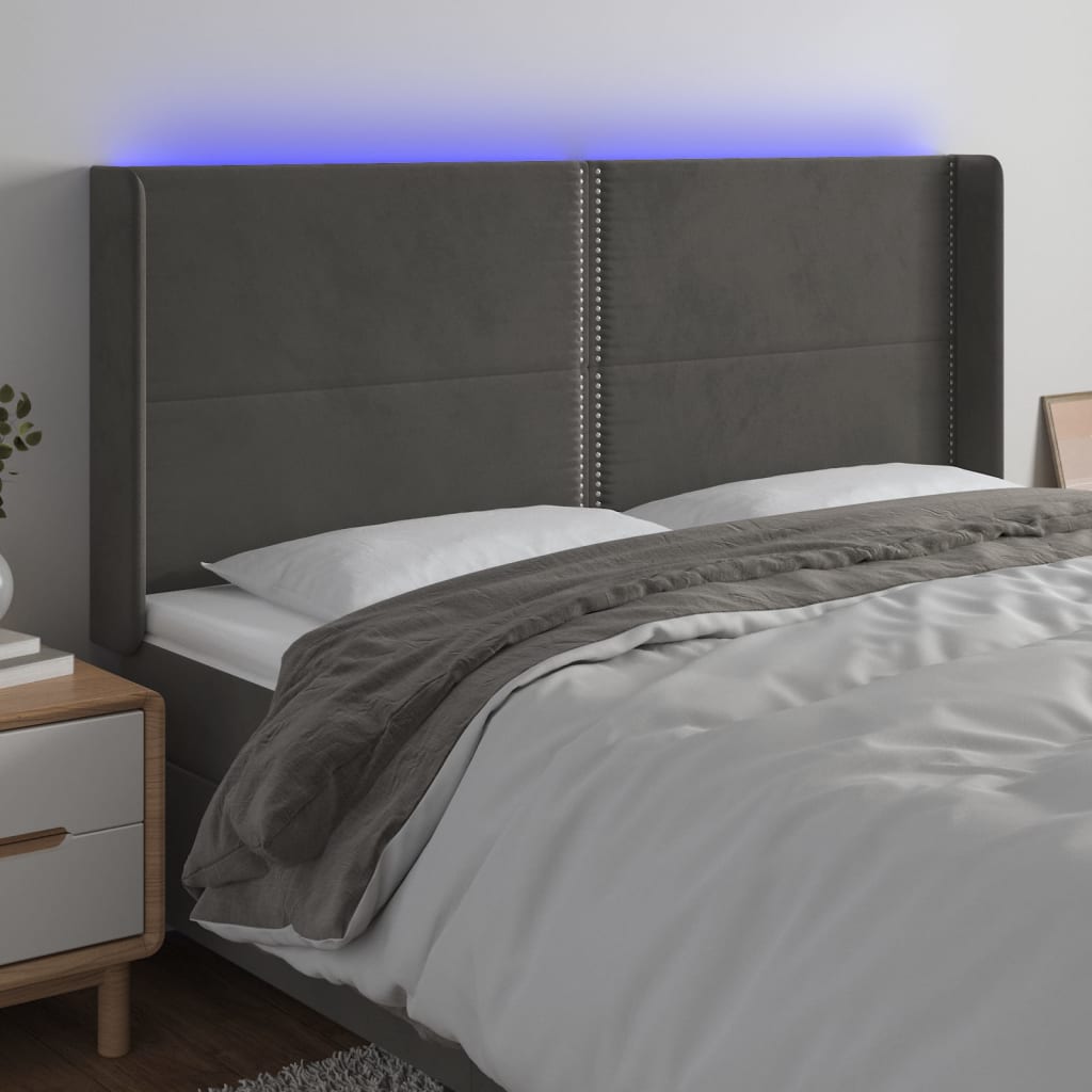 gultas galvgalis ar LED, 203x16x118/128 cm, tumši pelēks samts | Stepinfit.lv