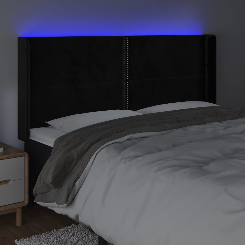 gultas galvgalis ar LED, 203x16x118/128 cm, melns samts | Stepinfit.lv