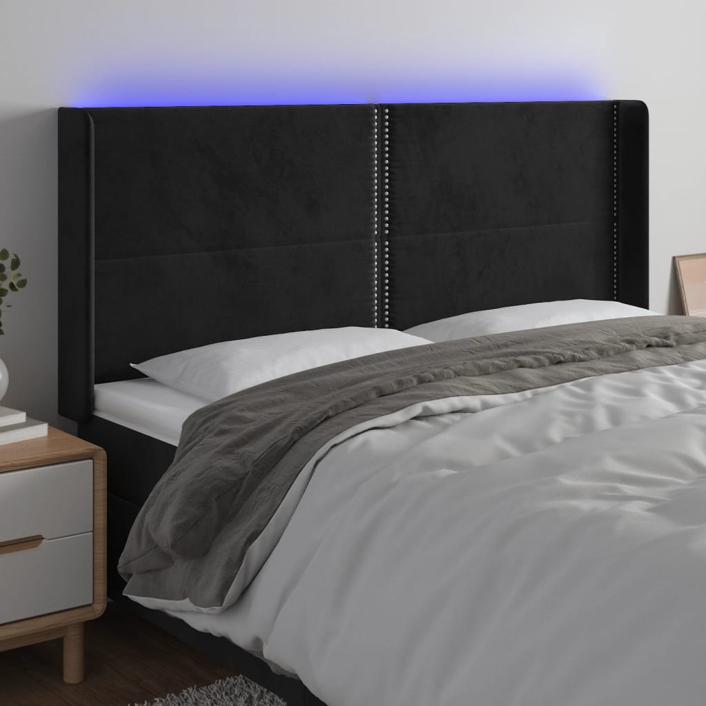 gultas galvgalis ar LED, 203x16x118/128 cm, melns samts | Stepinfit.lv