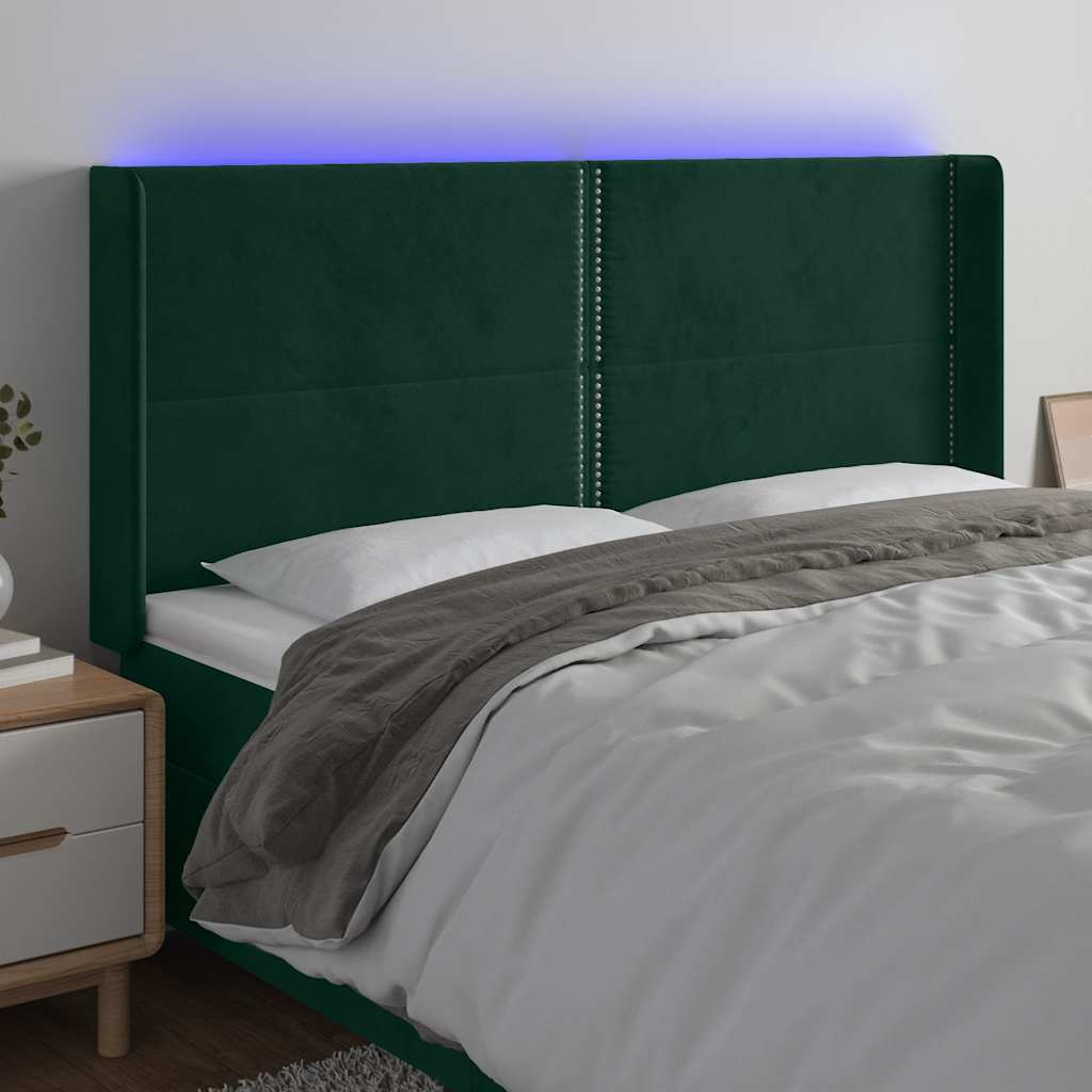 vidaXL Tăblie de pat cu LED, verde închis, 203x16x118/128 cm, catifea