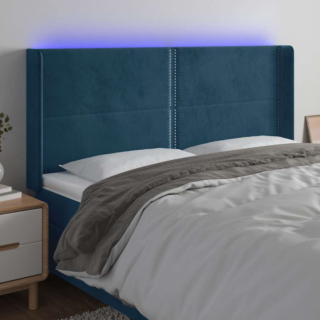 vidaXL Tăblie de pat cu LED, albastru închis, 203x16x118/128cm catifea