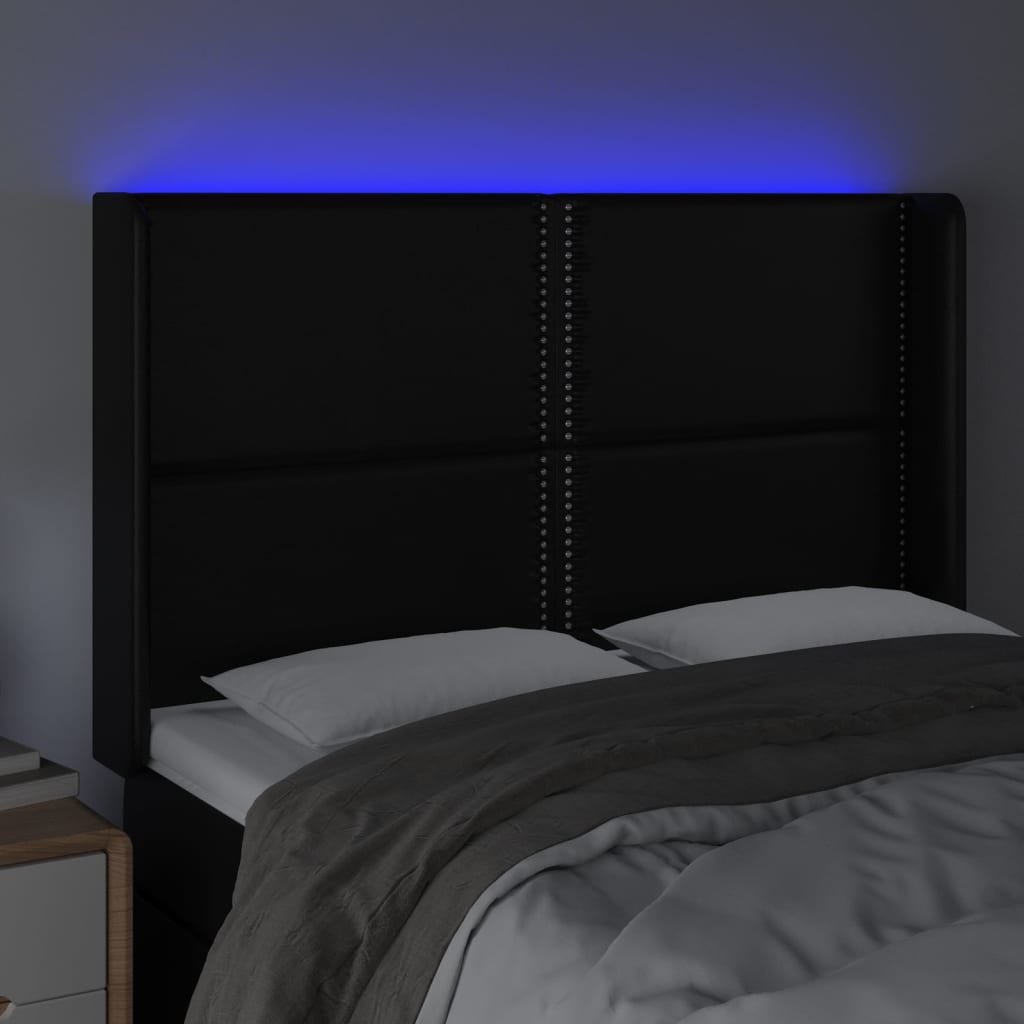 gultas galvgalis ar LED, 147x16x118/128 cm, melna mākslīgā āda | Stepinfit.lv