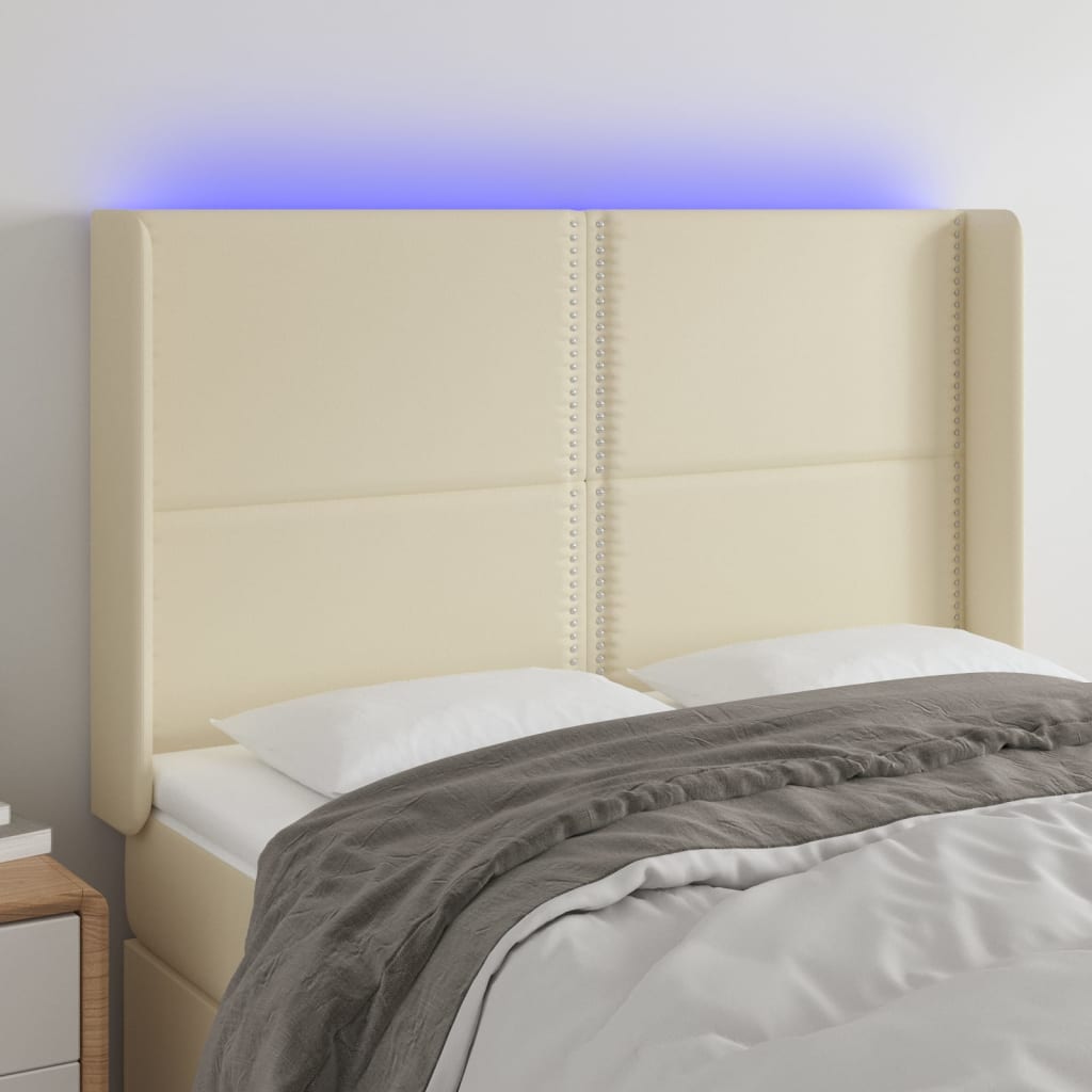 vidaXL Tăblie de pat cu LED, crem, 147x16x118/128 cm, piele ecologică