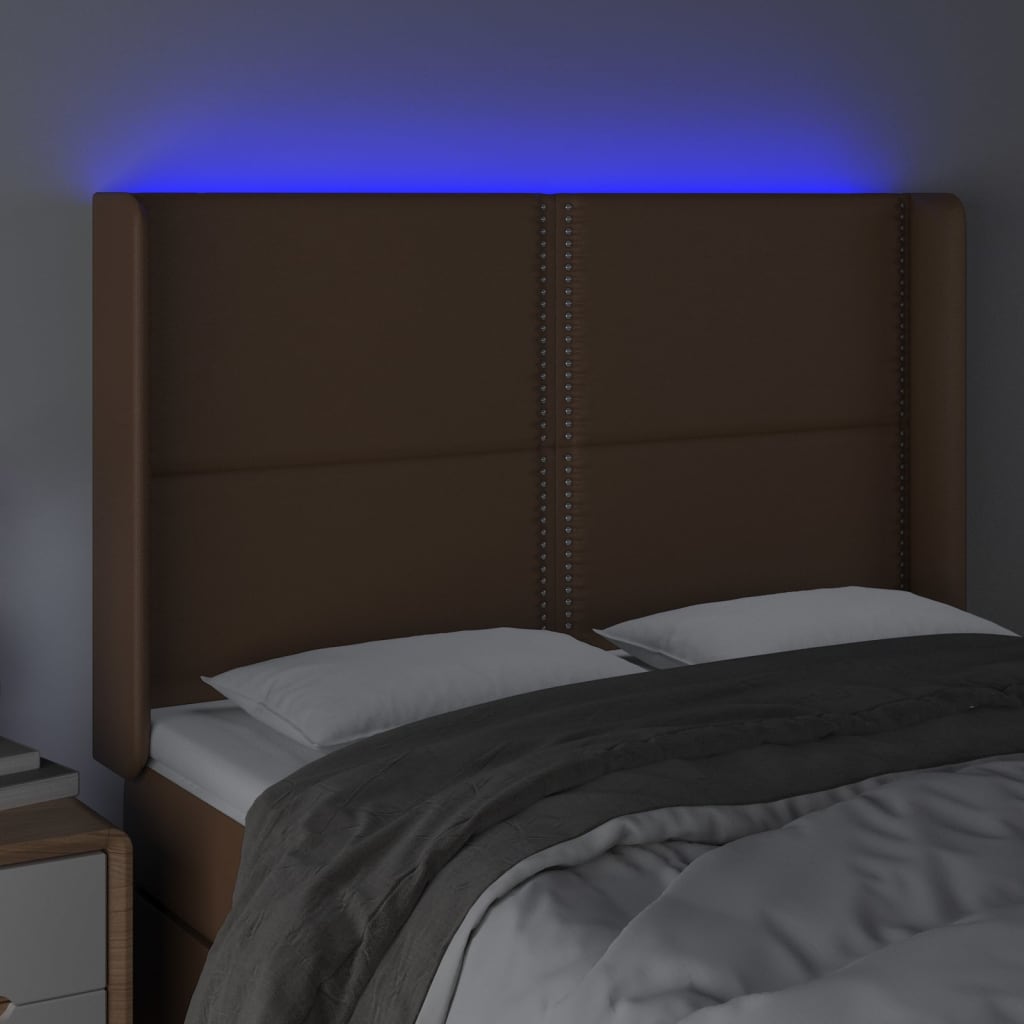 gultas galvgalis ar LED, 147x16x118/128 cm, brūna mākslīgā āda | Stepinfit.lv