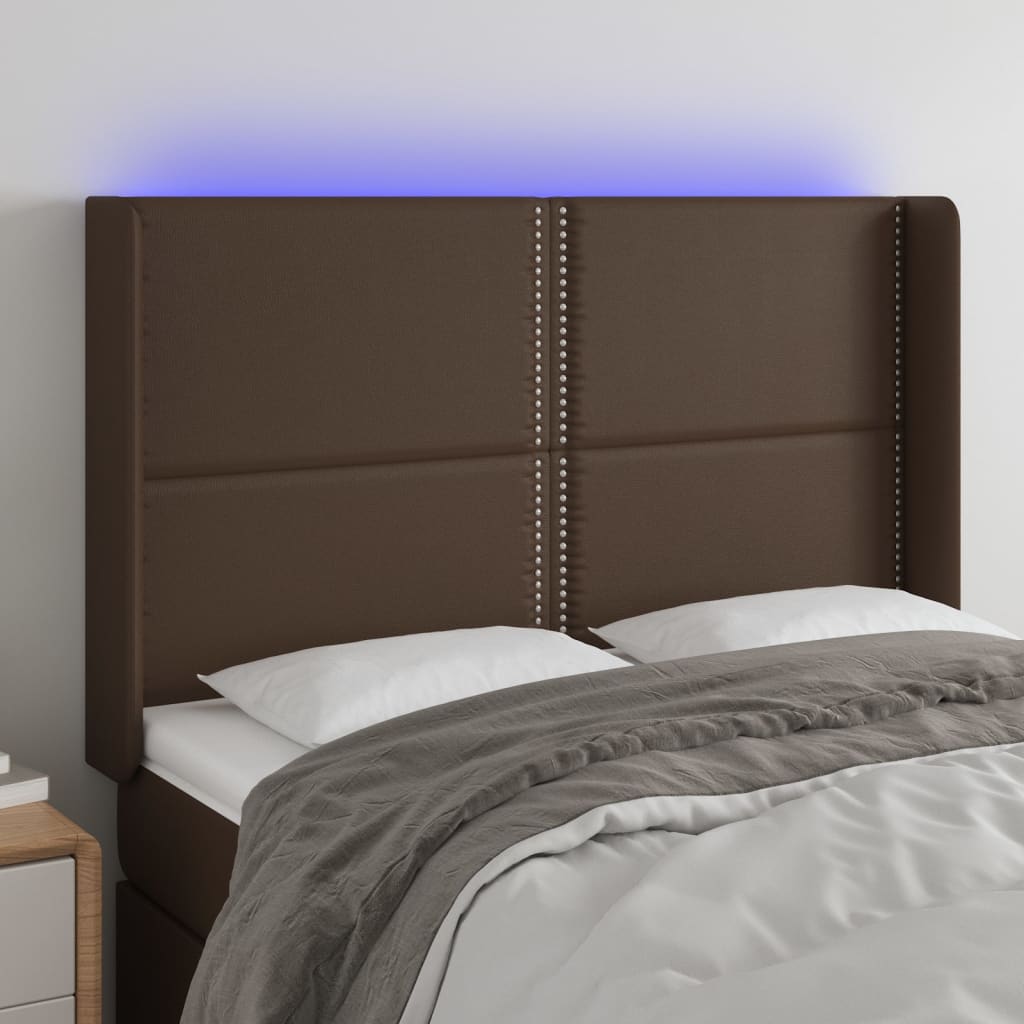 gultas galvgalis ar LED, 147x16x118/128 cm, brūna mākslīgā āda | Stepinfit.lv