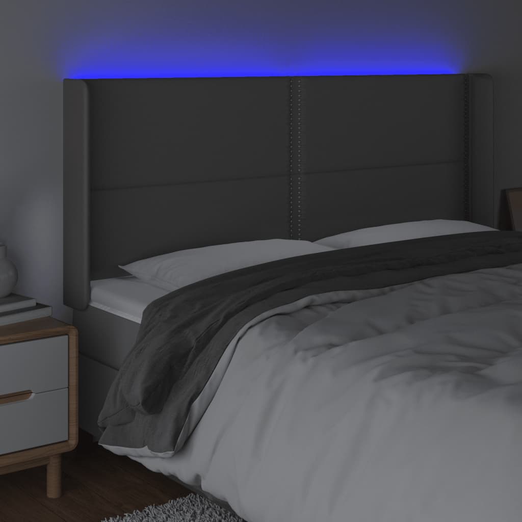 gultas galvgalis ar LED, 163x16x118/128 cm, pelēka mākslīgā āda | Stepinfit.lv
