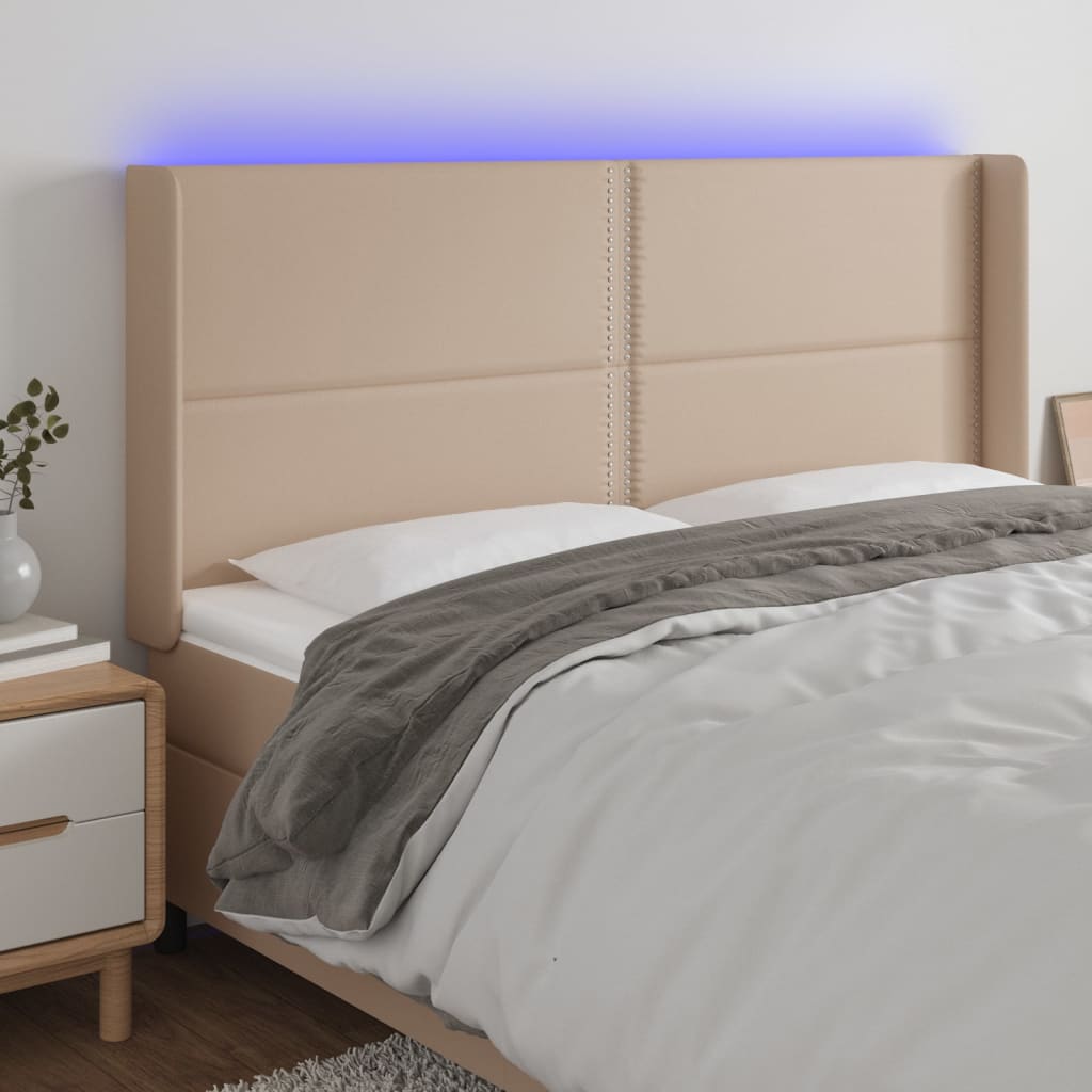 Čelo postele s LED cappuccino 163 x 16 x 118/128 cm umělá kůže