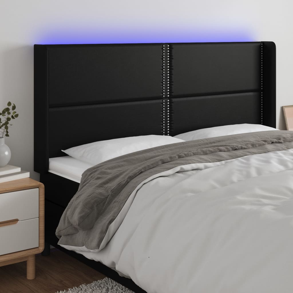 gultas galvgalis ar LED, 183x16x118/128 cm, melna mākslīgā āda | Stepinfit.lv