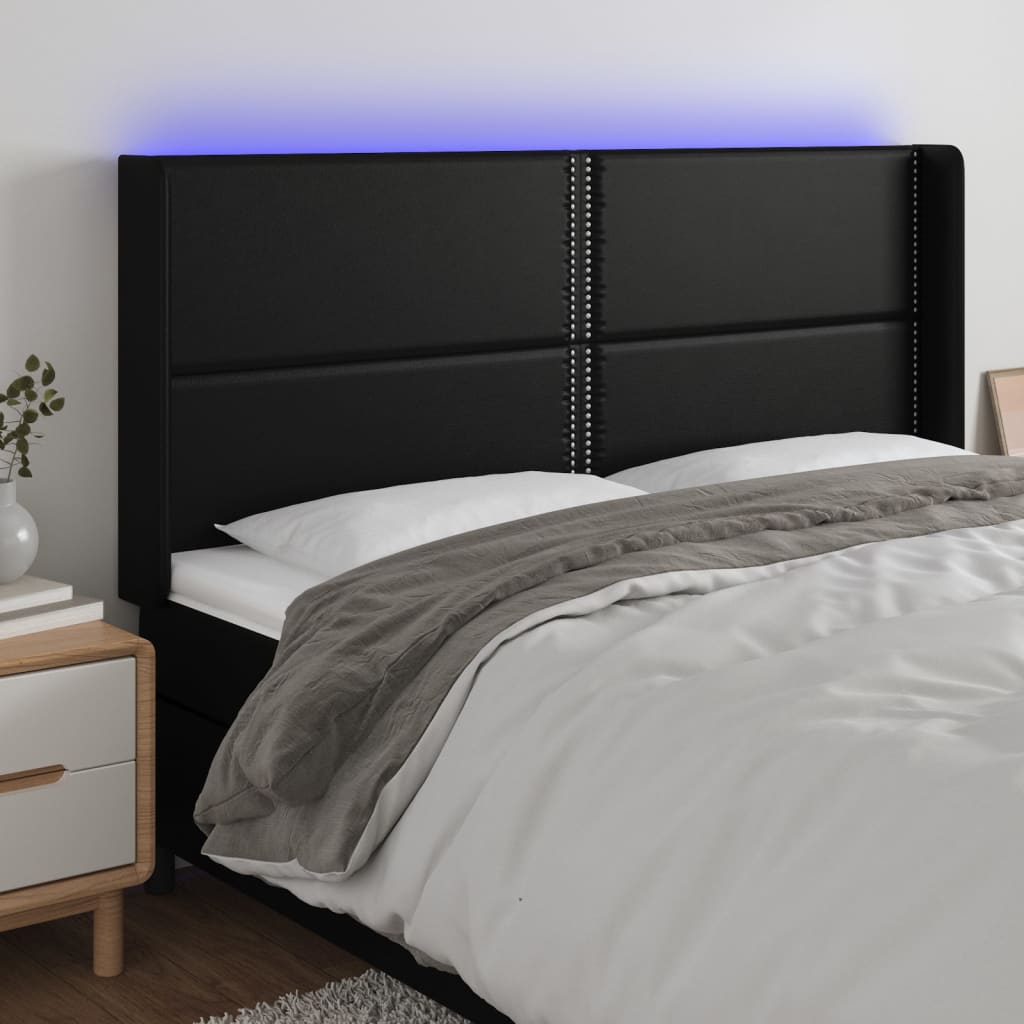 vidaXL Tăblie de pat cu LED, negru, 183x16x118/128 cm, piele ecologică