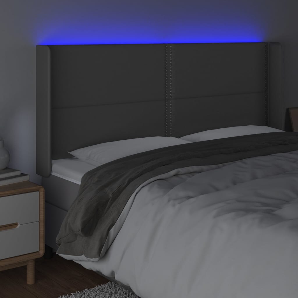 gultas galvgalis ar LED, 183x16x118/128 cm, pelēka mākslīgā āda | Stepinfit.lv