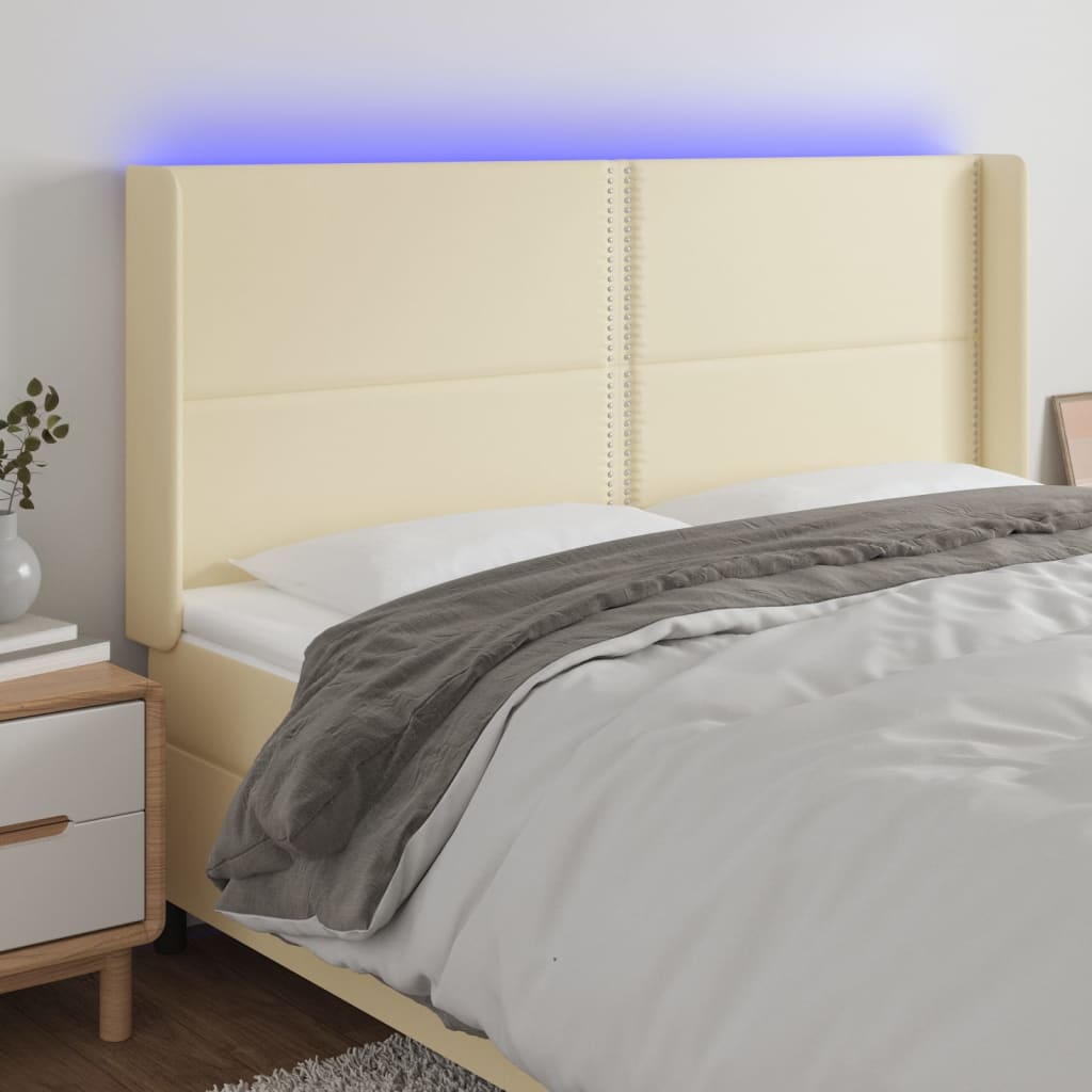 Čelo postele s LED krémové 203 x 16 x 118/128 cm umělá kůže