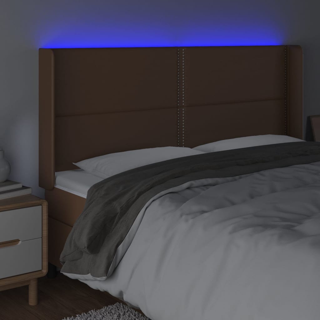 gultas galvgalis ar LED, 203x16x118/128 cm, brūna mākslīgā āda | Stepinfit.lv