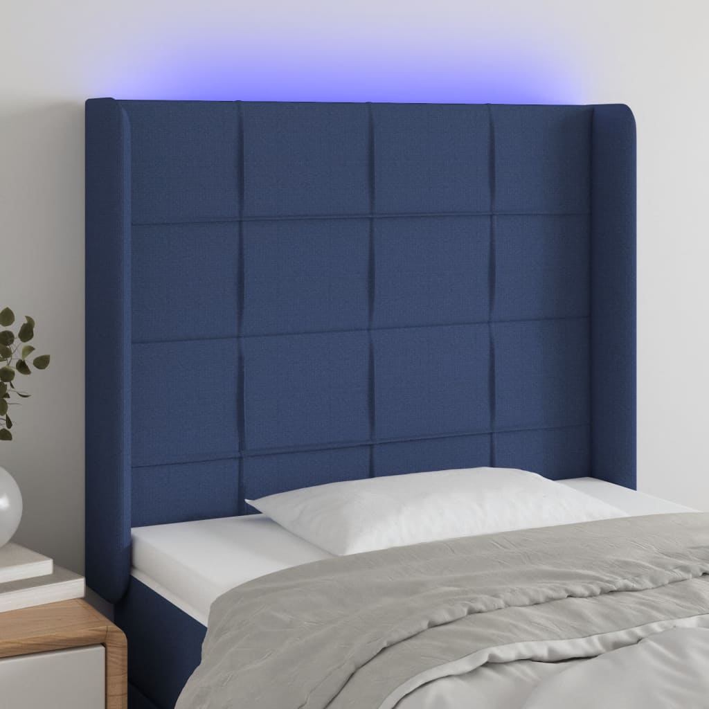 vidaXL sengegavl med LED-lys 93x16x118/128 cm stof blå