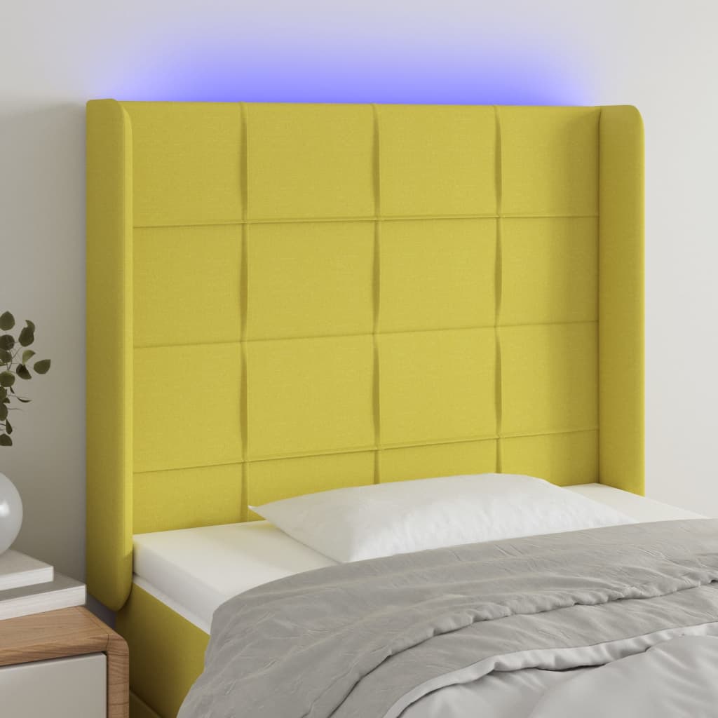 Čelo postele s LED zelené 103 x 16 x 118/128 cm textil