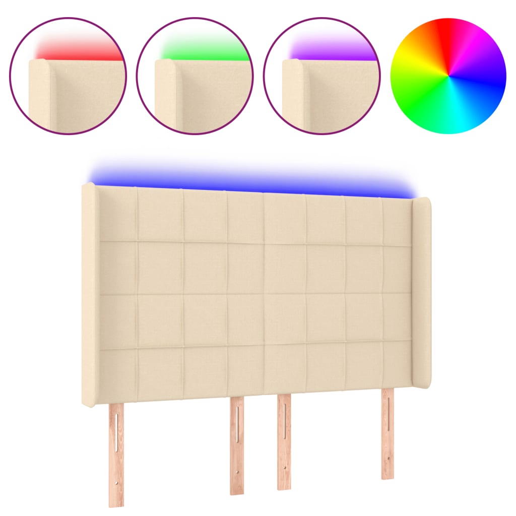 vidaXL Čelo postele s LED krémové 147 x 16 x 118/128 cm textil