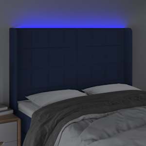 Čelo postele s LED modré 147 x 16 x 118/128 cm textil - obrázek 4
