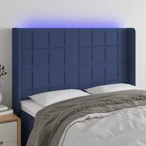 Čelo postele s LED modré 147 x 16 x 118/128 cm textil - obrázek 1