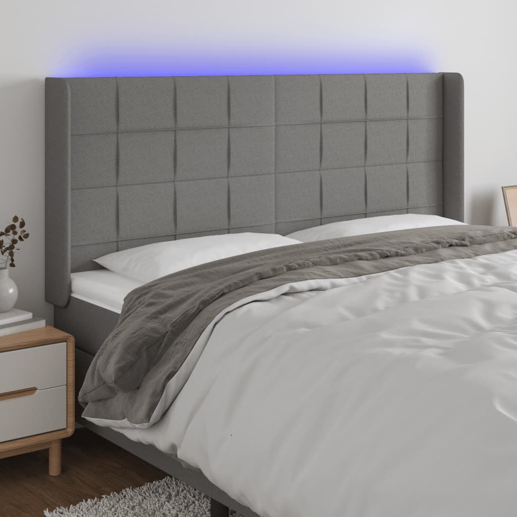 vidaXL Tăblie de pat cu LED, gri închis, 163x16x118/128 cm, textil