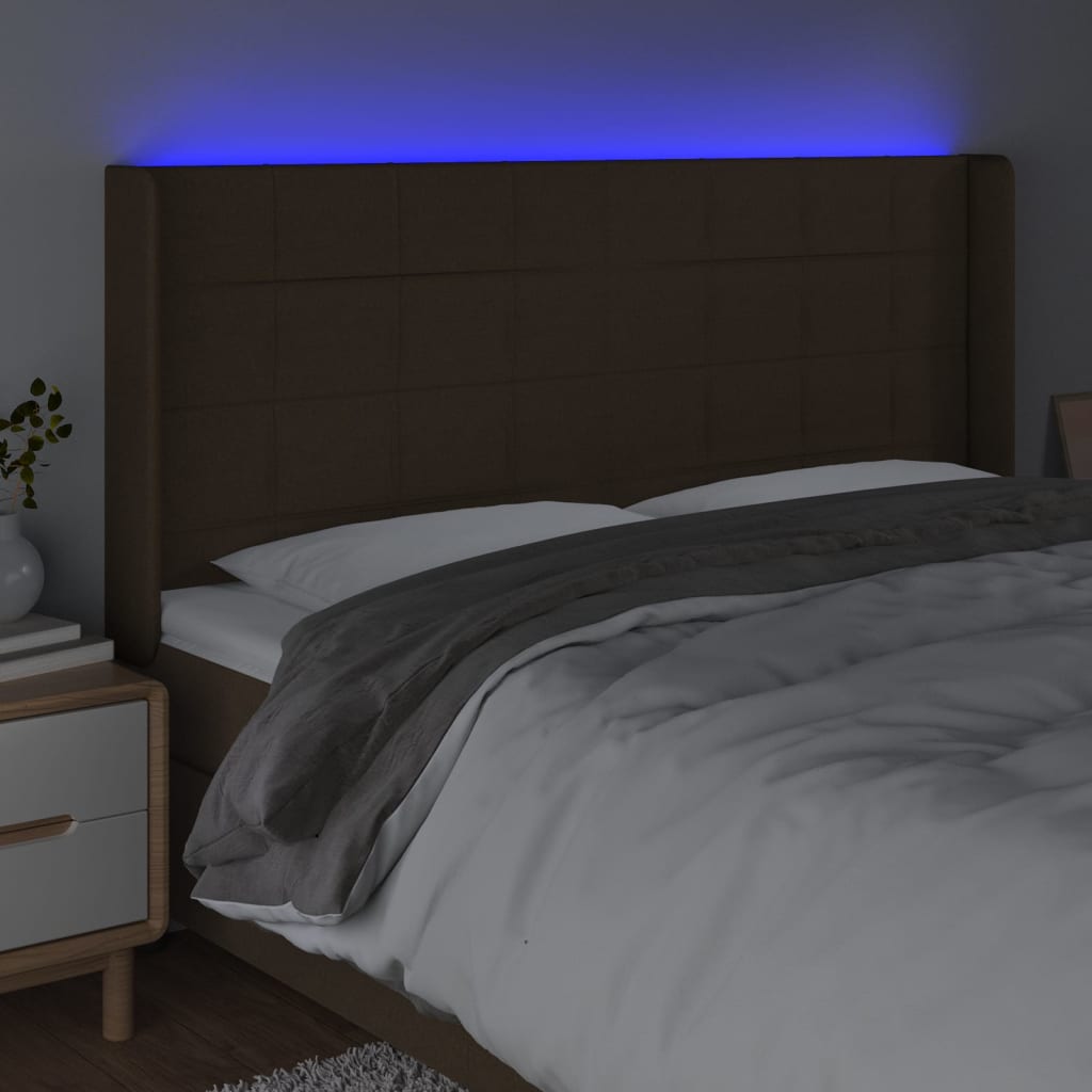 gultas galvgalis ar LED, 183x16x118/128 cm, tumši brūns audums | Stepinfit.lv