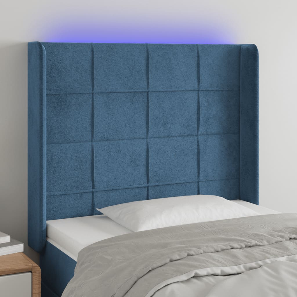 vidaXL sengegavl med LED-lys 93x16x118/128 cm fløjl mørkeblå