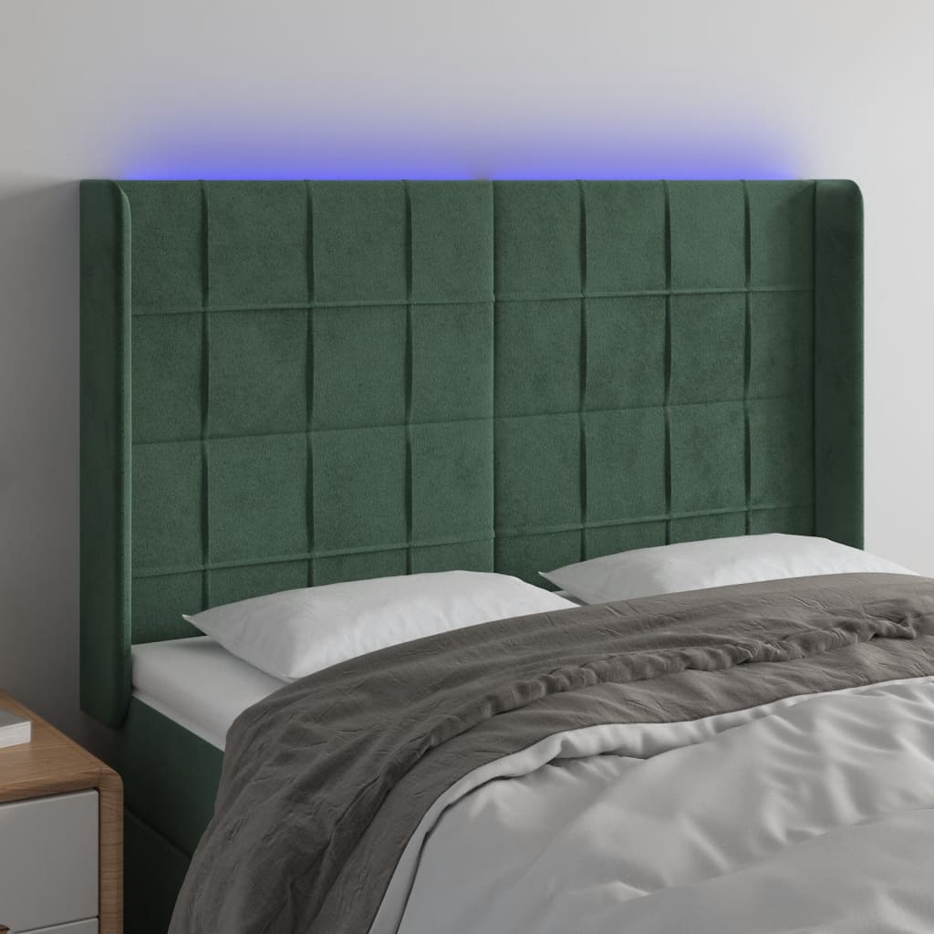 Čelo postele s LED tmavě zelené 147 x 16 x 118/128 cm samet