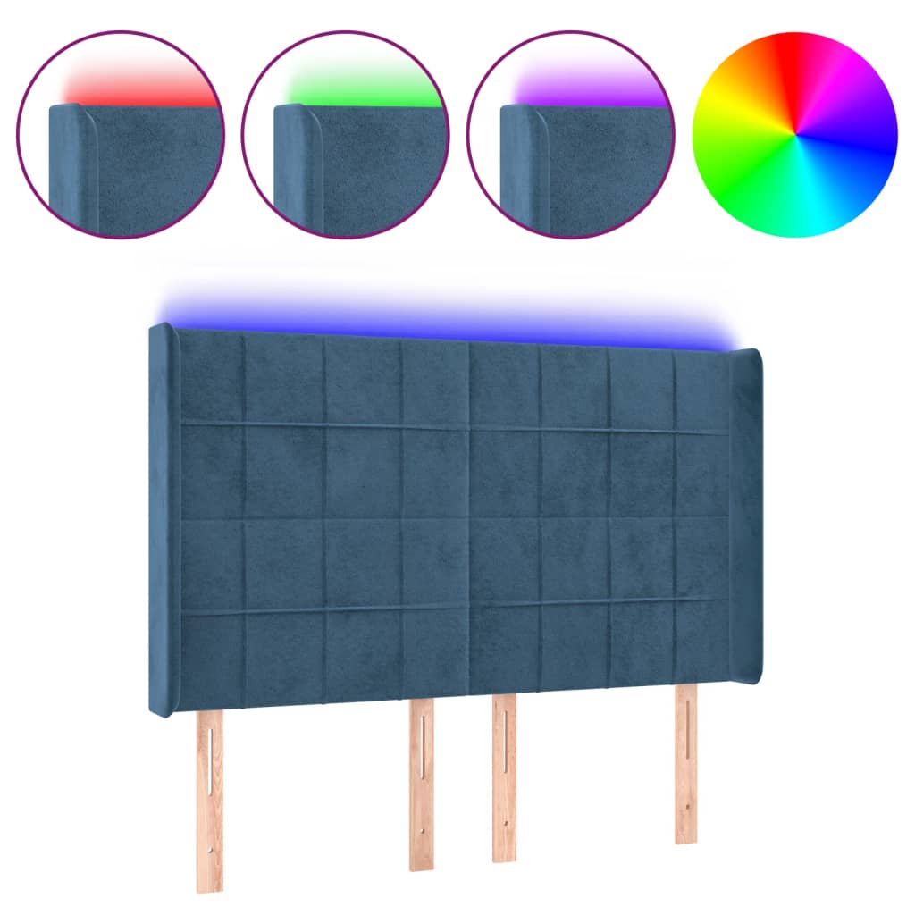 vidaXL Čelo postele s LED tmavě modré 147 x 16 x 118/128 cm samet