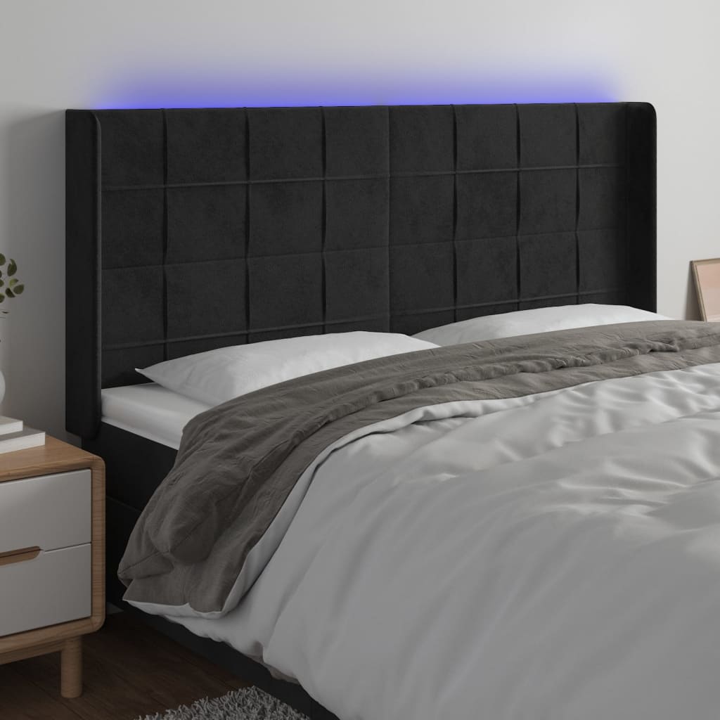 gultas galvgalis ar LED, 163x16x118/128 cm, melns samts | Stepinfit.lv