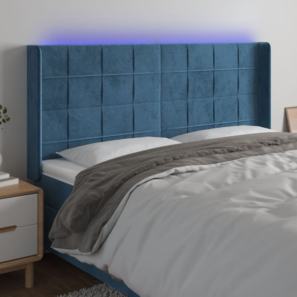 vidaXL Tête de lit à LED Bleu foncé 163x16x118/128 cm Velours