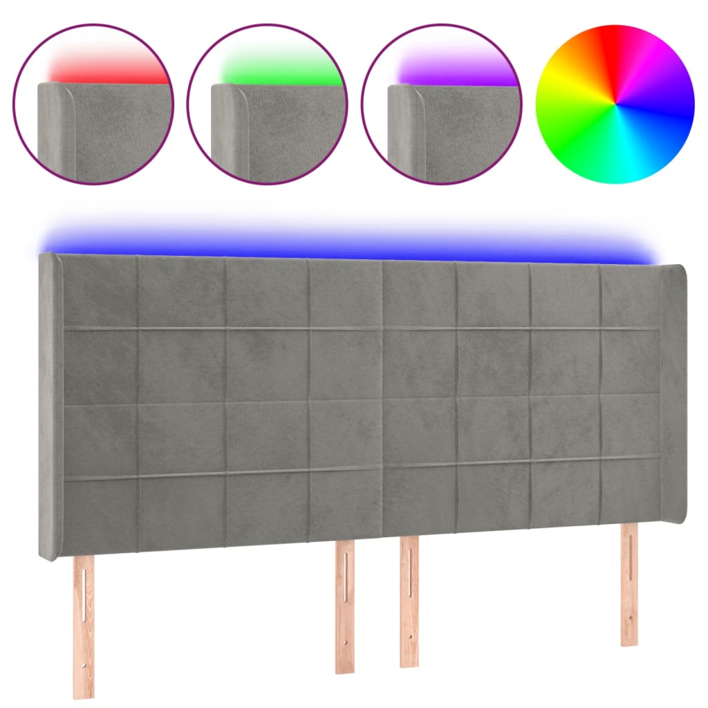 vidaXL Čelo postele s LED světle šedé 183 x 16 x 118/128 cm samet