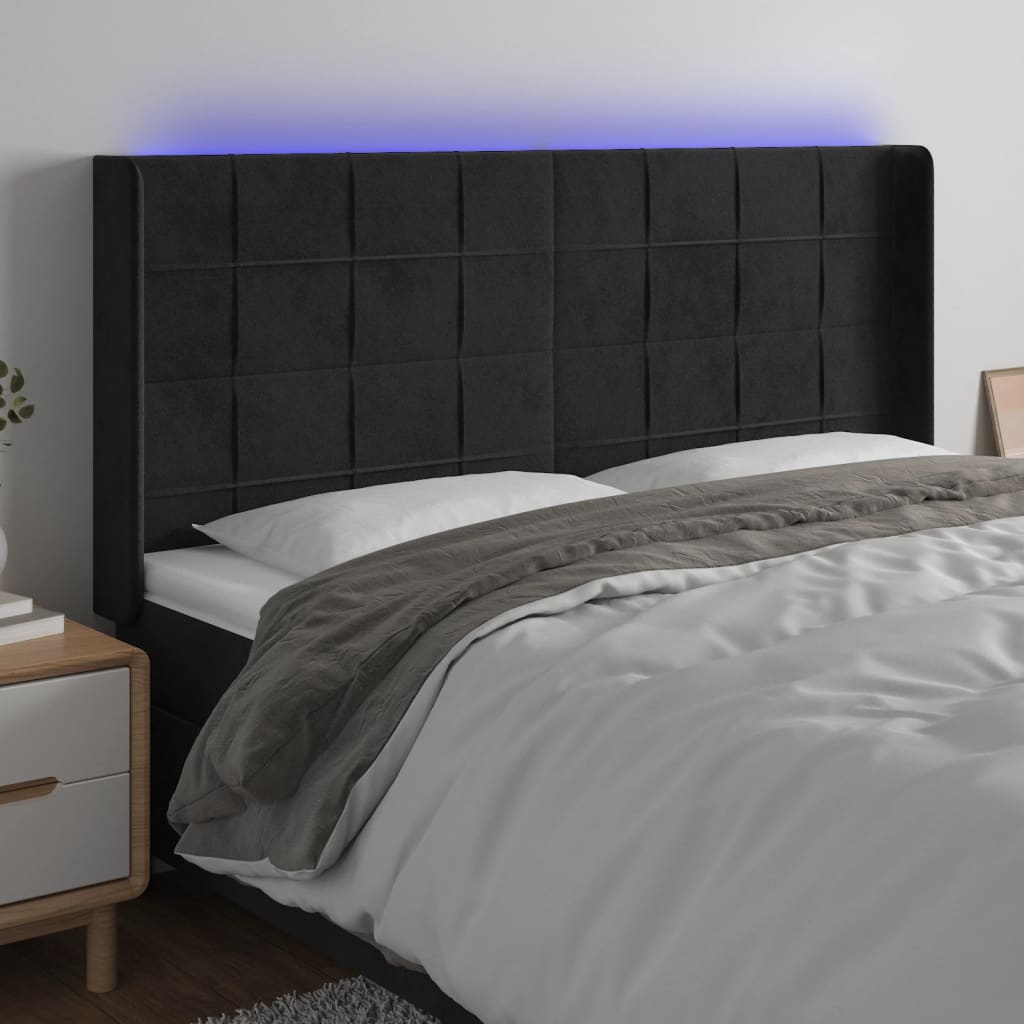 Čelo postele s LED černé 183 x 16 x 118/128 cm samet