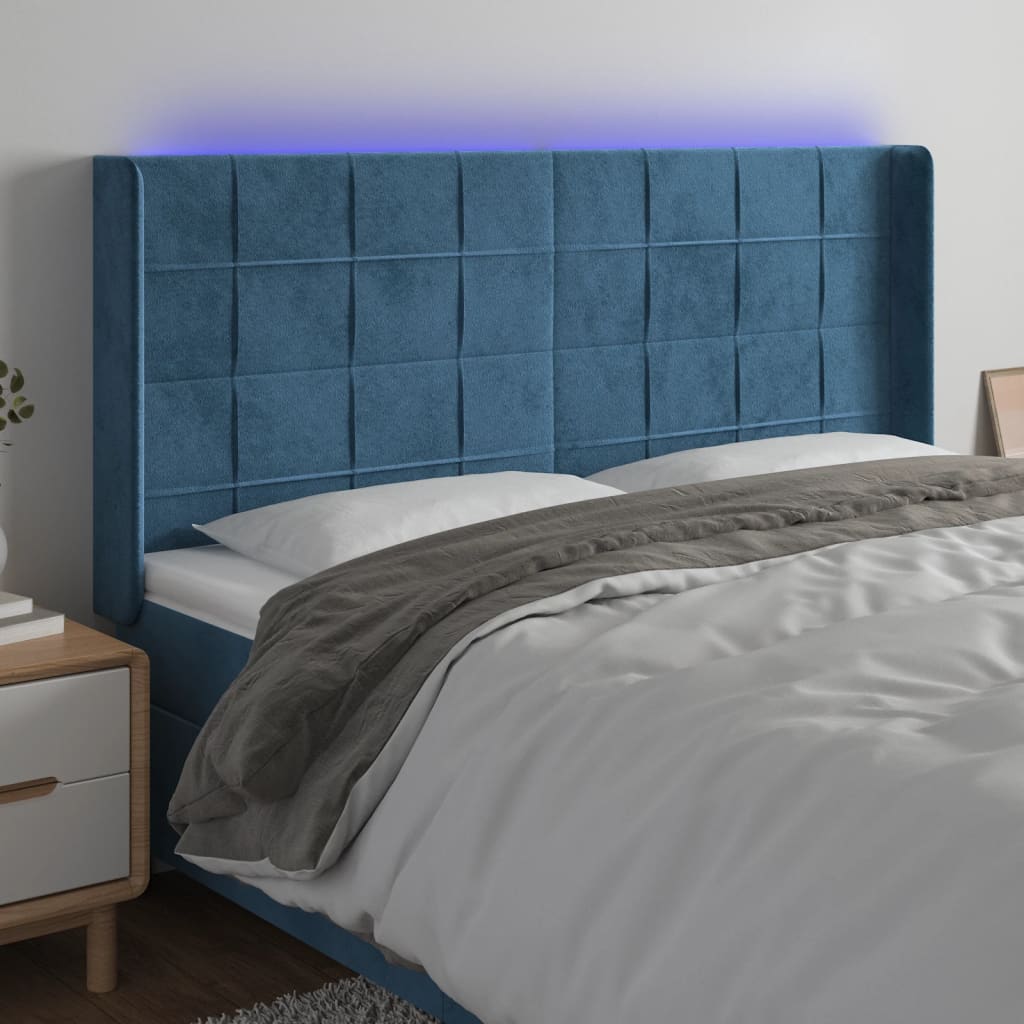 Čelo postele s LED tmavě modré 183 x 16 x 118/128 cm samet