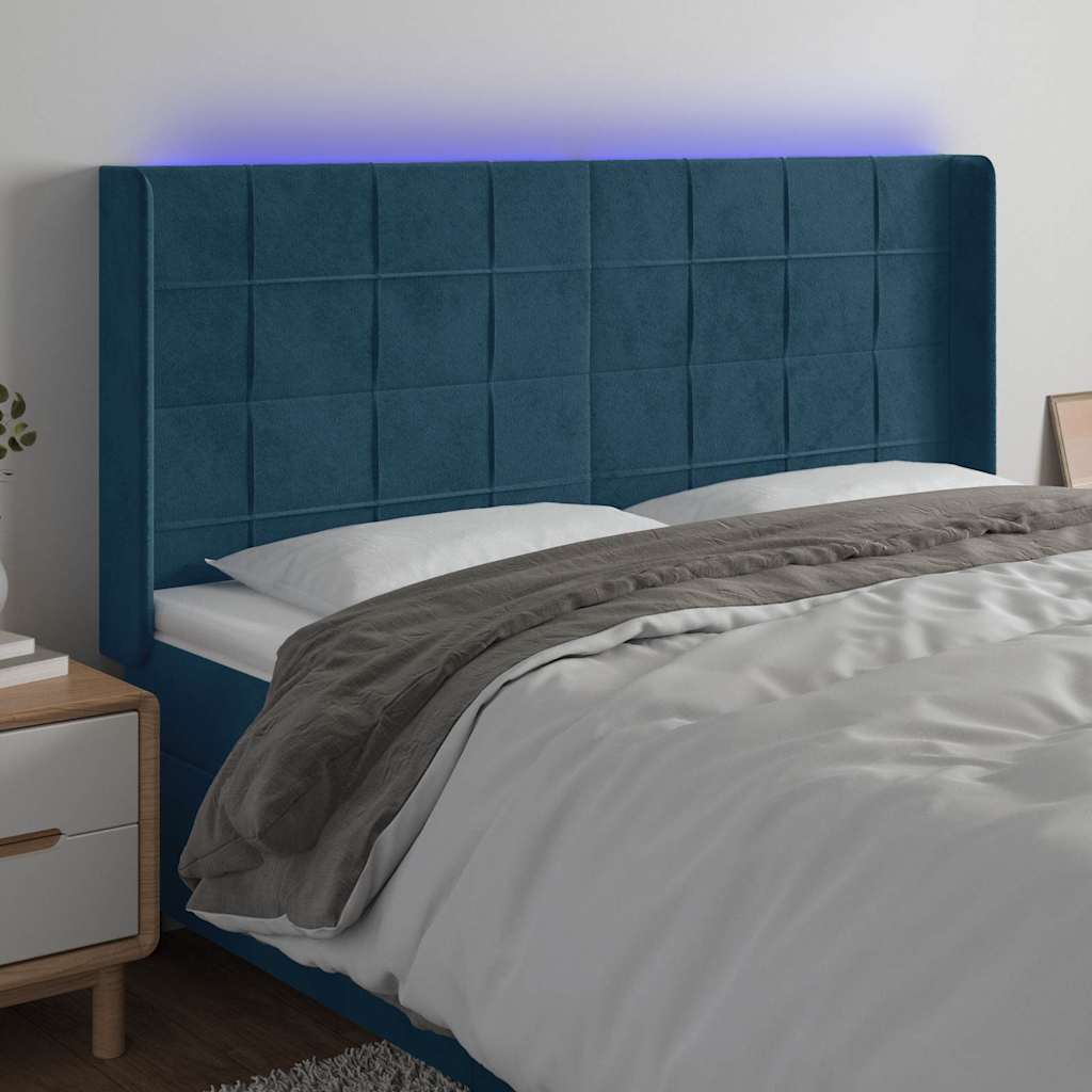 vidaXL Tăblie de pat cu LED, albastru închis, 183x16x118/128cm catifea