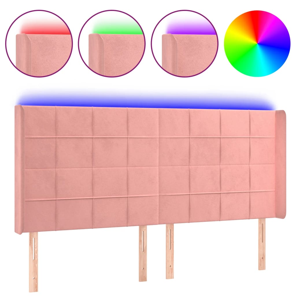 gultas galvgalis ar LED, 183x16x118/128 cm, rozā samts | Stepinfit.lv