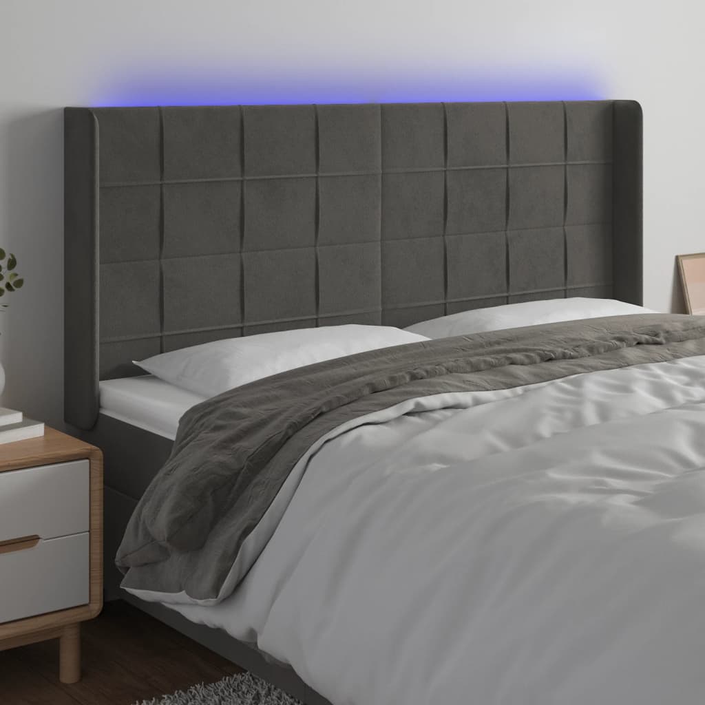 Čelo postele s LED tmavě šedé 203 x 16 x 118/128 cm samet