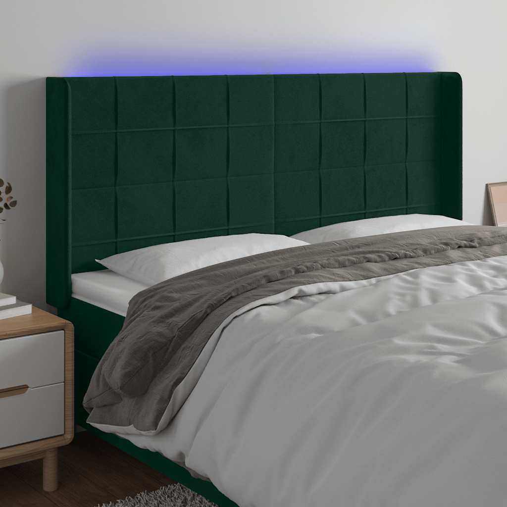 vidaXL Tăblie de pat cu LED, verde închis, 203x16x118/128 cm, catifea