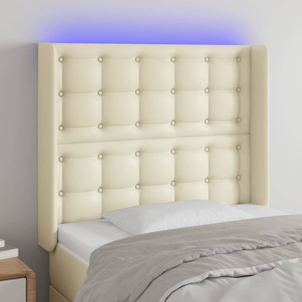 vidaXL Tăblie de pat cu LED, crem, 83x16x118/128 cm, piele ecologică