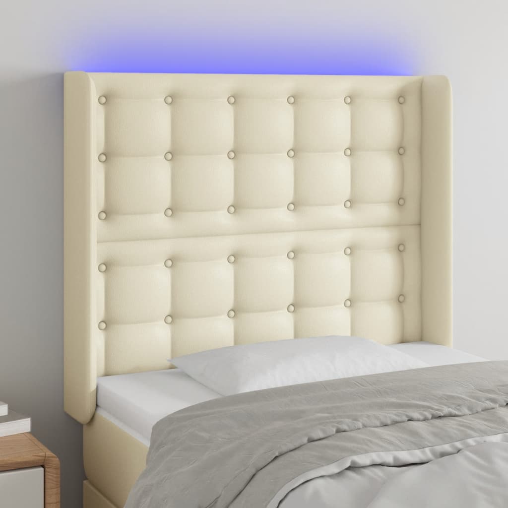 vidaXL Tăblie de pat cu LED, crem, 93x16x118/128 cm, piele ecologică