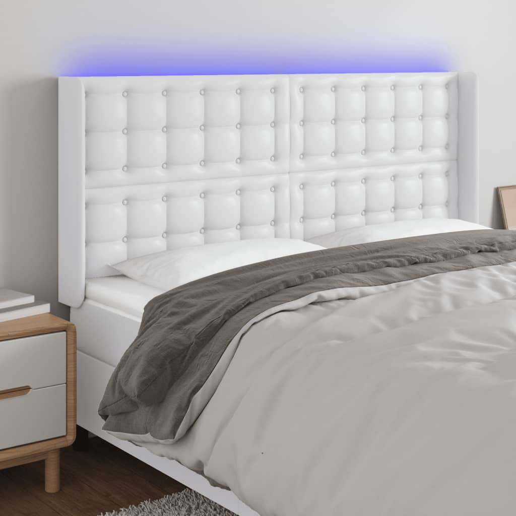 vidaXL Tăblie de pat cu LED, alb, 147x16x118/128 cm, piele ecologică