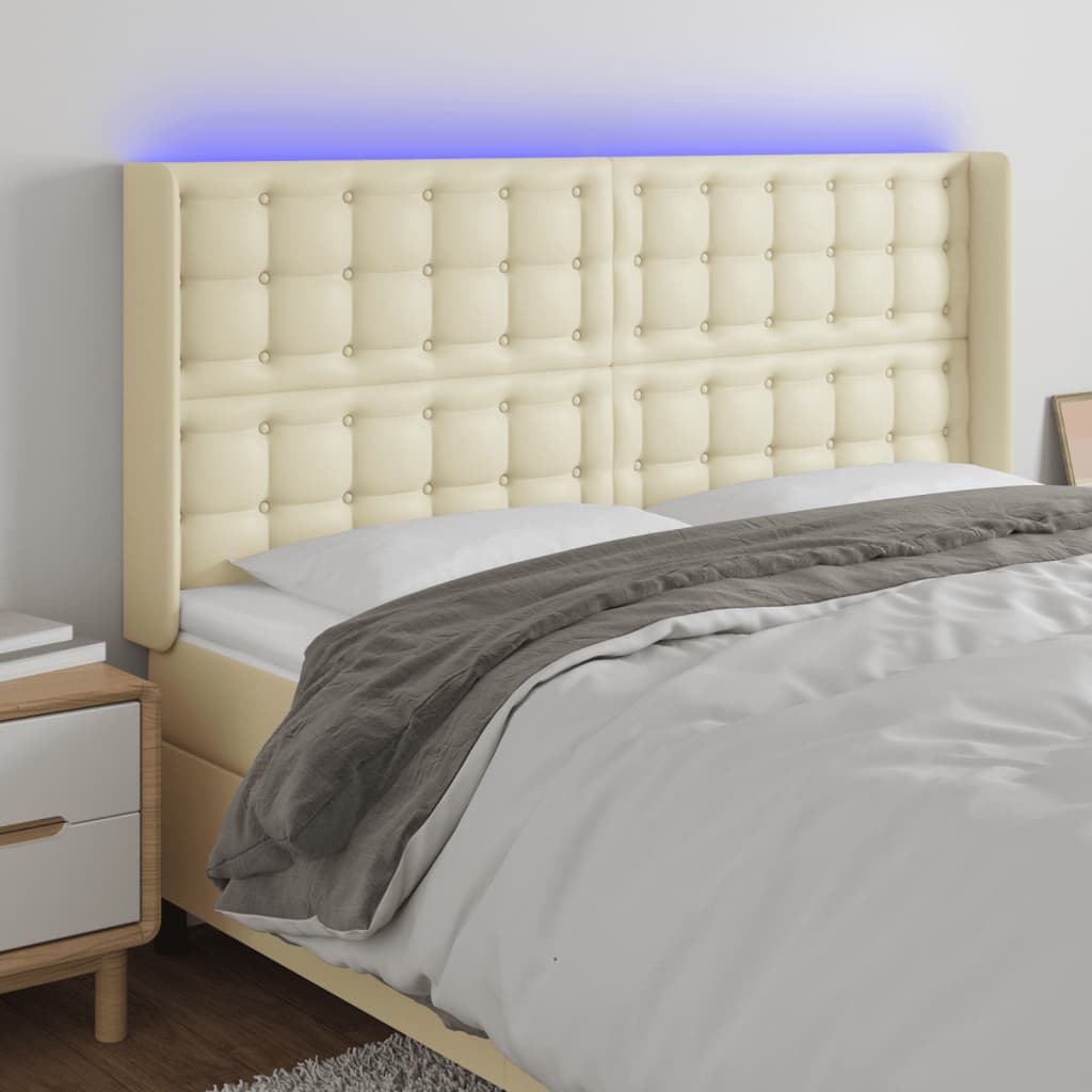 vidaXL Tăblie de pat cu LED, crem, 147x16x118/128 cm, piele ecologică