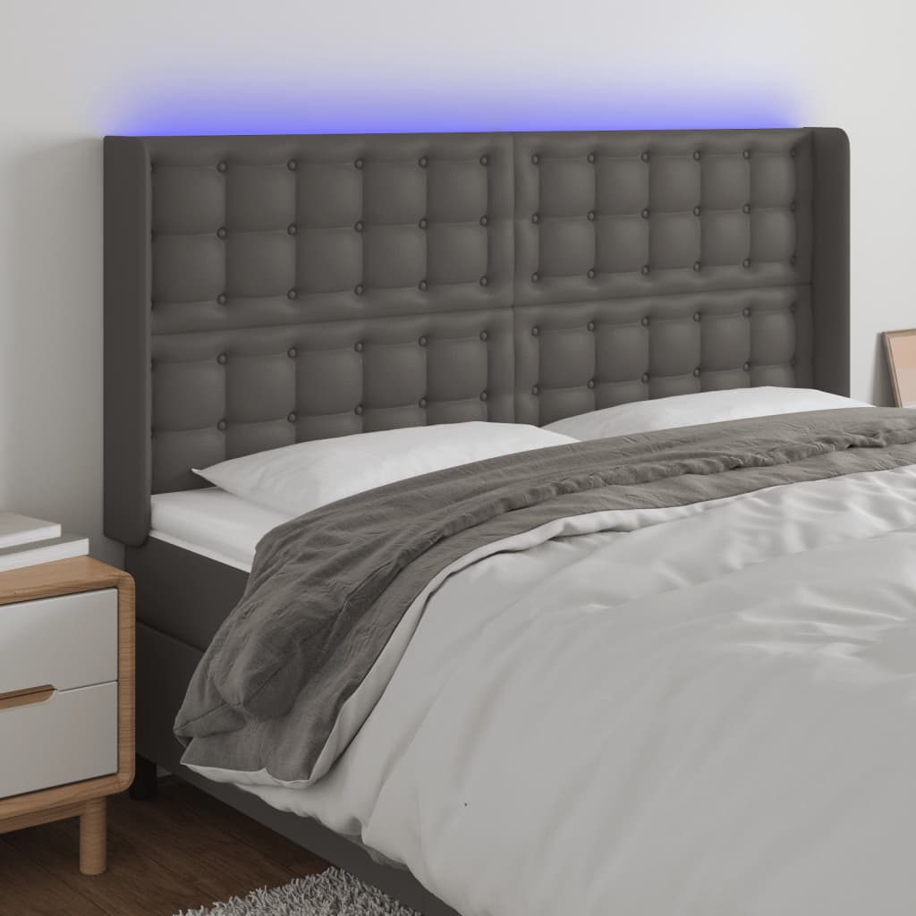 vidaXL Tăblie de pat cu LED, gri, 147x16x118/128 cm, piele ecologică