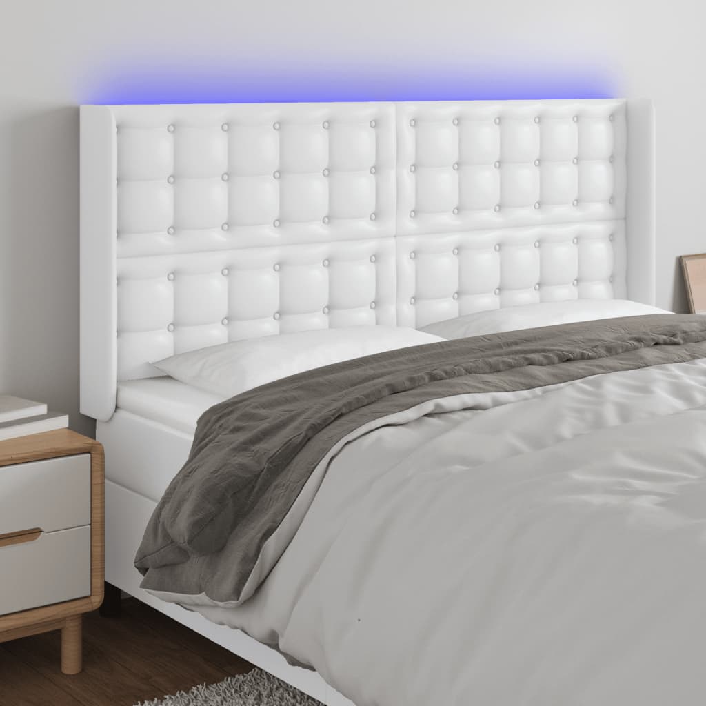 vidaXL Tăblie de pat cu LED, alb, 163x16x118/128 cm, piele ecologică 
