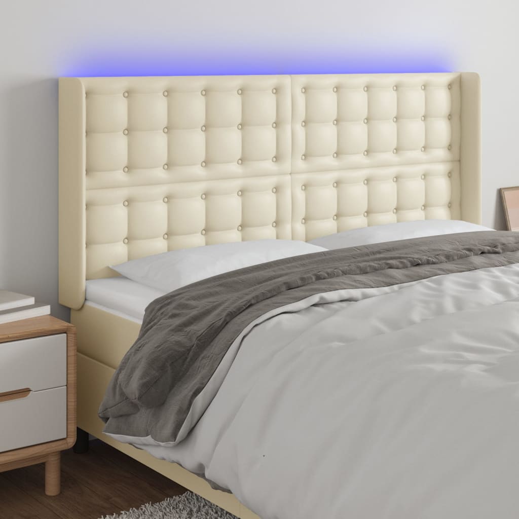 vidaXL Tăblie de pat cu LED, crem, 163x16x118/128 cm, piele ecologică