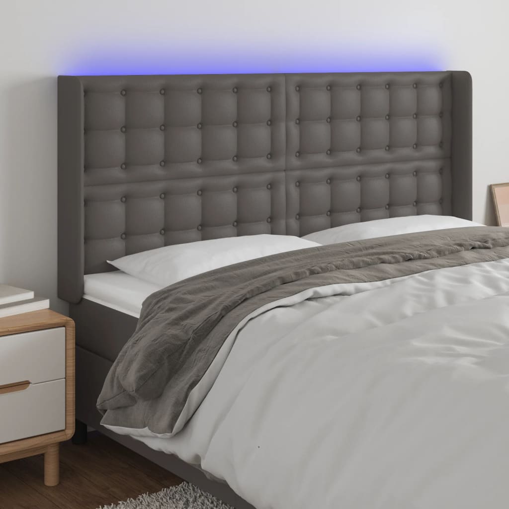vidaXL Tăblie de pat cu LED, gri, 163x16x118/128 cm, piele ecologică