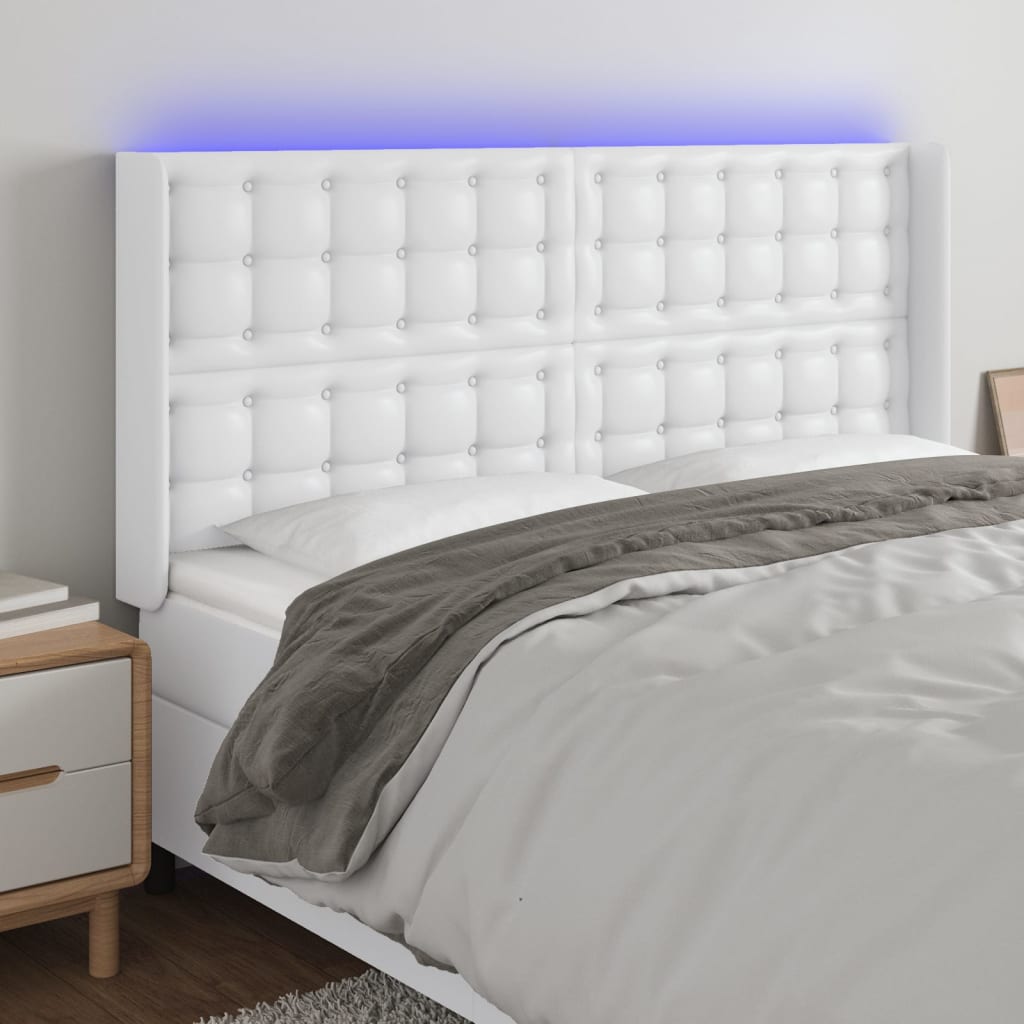 vidaXL Tăblie de pat cu LED, alb, 183x16x118/128 cm, piele ecologică